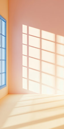 Elegant Pastel Interior Room Bathed in Soft Window Light and Shadows, Warm Peach Hues and Designの素材