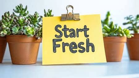 Start Fresh Concept Yellow Sticky Note With Motivational Text, Surrounded By Potted Plants.の素材
