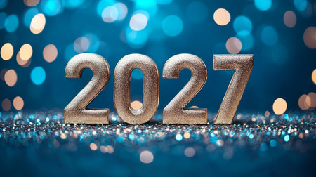 Silver 2027 New Year s Celebration Banner on Sparkling Blue Glitter Background with Abstract Lightsの素材