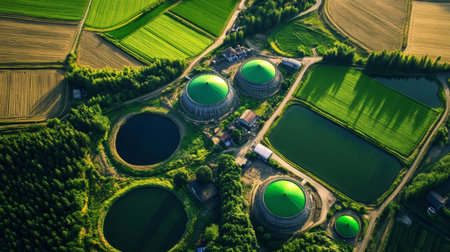 Aerial View of Scenic Farm Fields with Biogas Plant and Green Renewable Energy Solutions Landscapeの素材