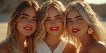 Three Beautiful Blond Women With Long Hair And Bright Lipstick, Enjoying The Summer Sunの素材
