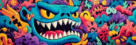 Vibrant Graffiti Wall Art Featuring a Teeming Monster Face Against a Surreal Cityscape Backgroundの素材