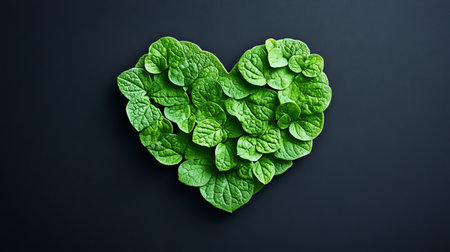 Green, Heart-Shaped Arrangement from Fresh Mint Leaves on a Minimalist Dark Backgroundの素材