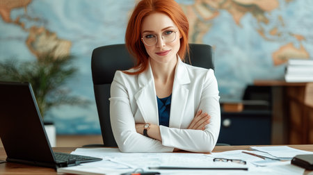 Confident Businesswoman Sitting at Her Desk in the Office, Working on a Startup Project.の素材