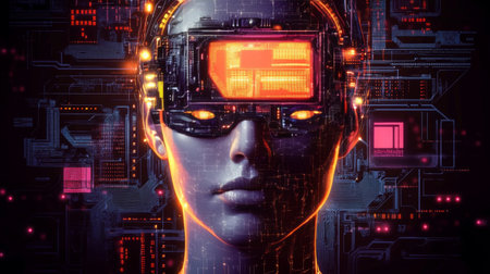 Futuristic Humanoid AI Persona with Intricate Cybernetic Interface in a High-Tech Urban Environmentの素材