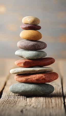 A Serene Stack of Colorful Pebbles on Weathered Wood Symbolizing Meditation and Spiritual Harmonyの素材