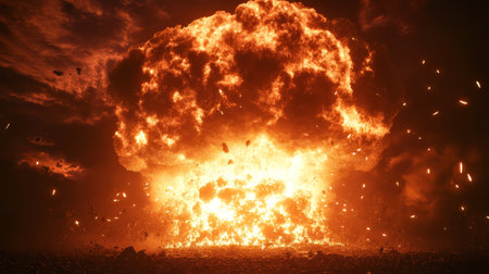 Nuclear Explosion, Massive Mushroom Cloud Over a War-Torn Landscape, Apocalyptic Impact Sceneの素材