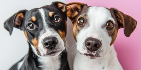 Two Adorable Jack Russell Terriers Posing Together in a Studio Setting Against a Neutral Backdropの素材
