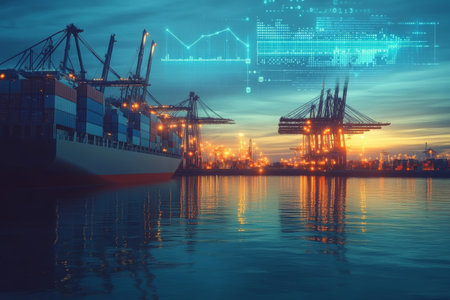 A Vibrant Seaport at Sunset Featuring Freight Ships, Cargo Cranes, and Global Trade Data Overlayの素材
