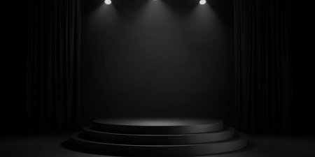 Elegant Showcase Setup with Black Platform for Product Presentation and Dramatic Theatrical Lightingの素材
