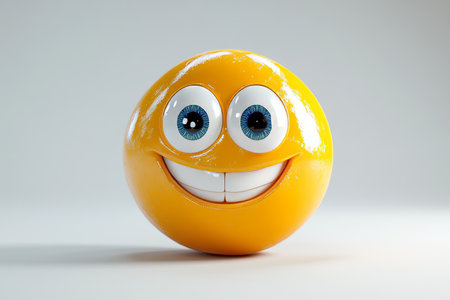 3D Render of a Joyful Yellow Smiley Face on White Background with Exaggerated Featuresの素材