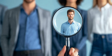 A Close-Up of a Job Candidate Under a Magnifying Glass Amidst a Diverse Crowd of Professionalsの素材