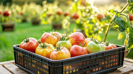 A Beautiful Crate Overflowing with a Vibrant Assortment of Heirloom Tomatoes Under Bright Sunlightの素材