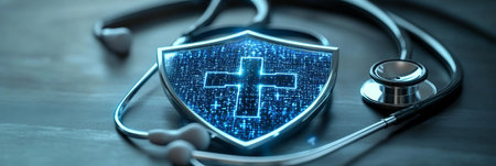 Comprehensive Protection in Healthcare Practice Shield Symbolizing Cybersecurity for Patient Safetyの素材