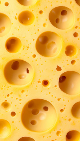 Aromatic Swiss Cheese Display with Bright Highlights, Smooth Surface, and Intense Culinary Aromasの素材