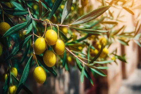 Lush Green Olive Branches with Plump Olives Glistening in the Sunlight on a Warm Summer Dayの素材