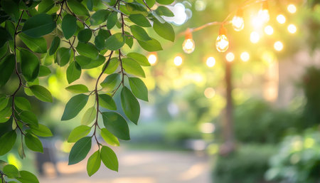 Lush Green Leaves Glisten in the Warm Glow of Sunset, Bokeh Background, Nature s Serenity.の素材