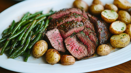 Delicious Sliced Beef Tenderloin on a White Platter Accompanied by Green Beans and Roasted Potatoesの素材