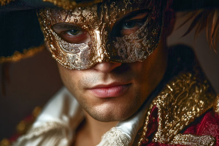 Elegant Venetian Masked Man in Dramatic Golden Illuminated Portrait Ready for Festive Celebrationの素材