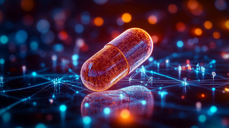 Digital Pill on Network Symbolizing AI-Driven Precision Medicine and Healthcare Innovationの素材