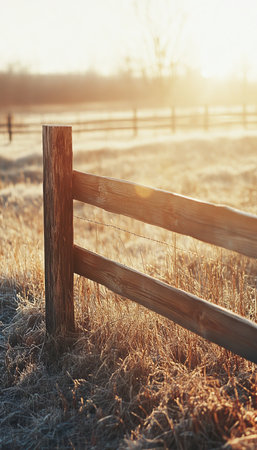Golden Hour Glow Rustic Wooden Fence in Sunlit Field, Close Up View of Countryside Charmの素材