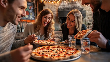 Group of friends joyfully sharing delicious pizza slices at a vibrant restaurant celebrationの素材