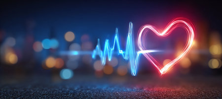 Abstract Glowing Neon Heart Outline with Pulsating Heartbeat Line on Colorful Bokeh Backgroundの素材
