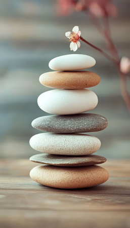 Zen Stones Balanced on a Wooden Surface for Relaxation, Spa Therapy, and Mindfulness Practiceの素材
