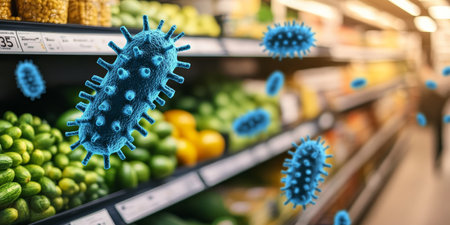 Invisible Threat Microscopic Bacteria Highlight Hygiene Issues in Grocery Stores, 3D Illustrationの素材