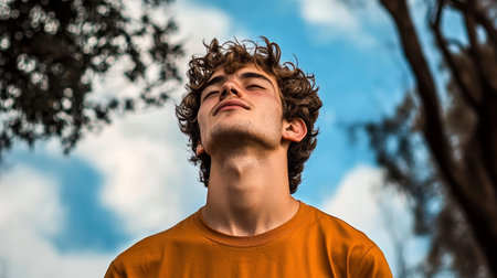 Young Man Enjoying Fresh Air, Freedom, and Serenity in Nature. Breathing Deeply, Mindfulnessの素材