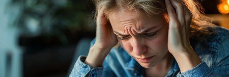 Stressed Young Woman Suffering From Headache, Rubbing Her Temples While Sitting At Homeの素材