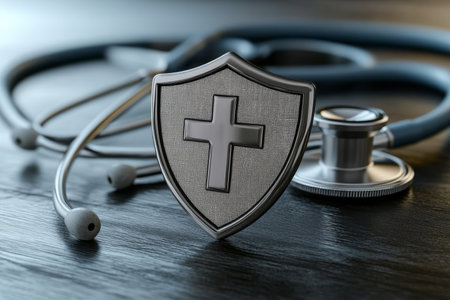 Stethoscope And Shield With Cross Healthcare Security And Patient Data Protection Conceptの素材