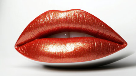 Glamour Copper Lips Open Mouth with Shiny Metallic Lipstick on White Background, Isolatedの素材