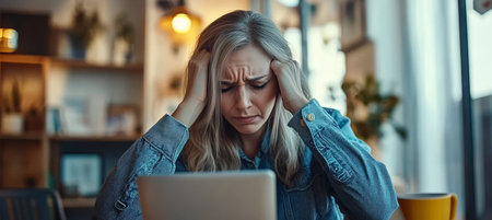 Stressed Young Woman With Headache Using Laptop At Cafe, Health And Technology Burnout Conceptの素材