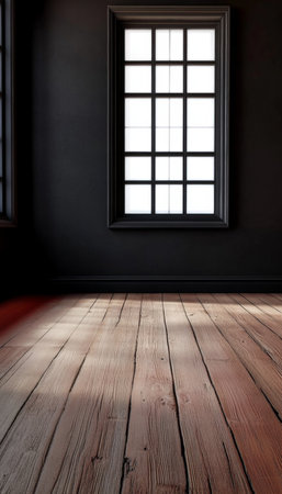 Sunlit Minimalist Black Room Wooden Floor, Empty Space, and Natural Light From Windowの素材