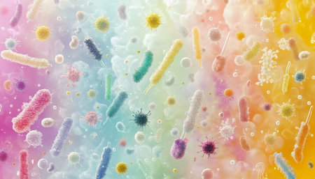 Colorful Microscopic View of Bacteria, Viruses, and Germs in a Scientific Illustration.の素材
