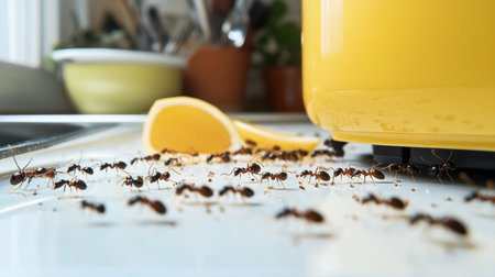 Ant Infestation Macro View Of Ants Crawling On Counter By Lemon With Kitchen In Backgroundの素材