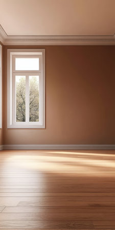 Empty minimalist room interior with wooden floor, sunlight from window, and beige wall.,の素材