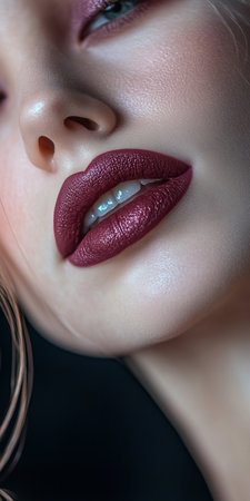 Close Up of a Young Woman with Dark Matte Lipstick and Highlighted Skin, Beauty Portraitの素材