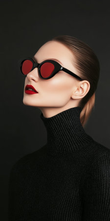 Fashion Portrait. Attractive Woman in Sunglasses and Black Clothes on Black Backgroundの素材