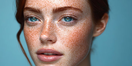 Portrait. Portrait of Beauty Red Hair Beautiful Woman With Freckles Perfect Skin, on Blue Backgroundの素材