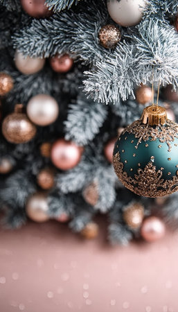 Christmas Tree. Green And Copper Festive Christmas Tree Details With Baubles Ornaments. Design,の素材