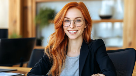 Confident Redhead Businesswoman, Smiling Professional Portrait in Modern Office Settingの素材