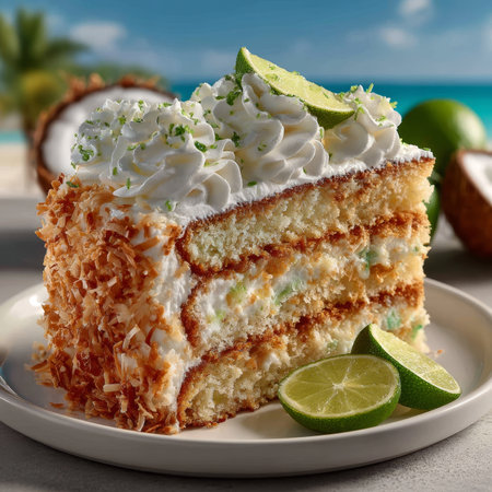 Tropical Coconut Lime Cake Slice on White Plate with Toasted Coconut, Lime Zest, Ocean Backgroundの素材