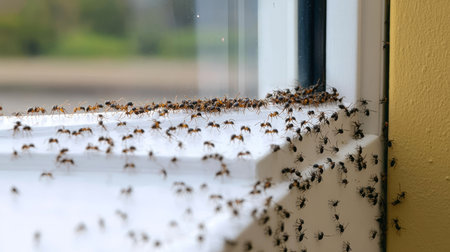 Ant Trail on Windowsill Organized Insects Exploring Home Interior, Pest Control Conceptの素材