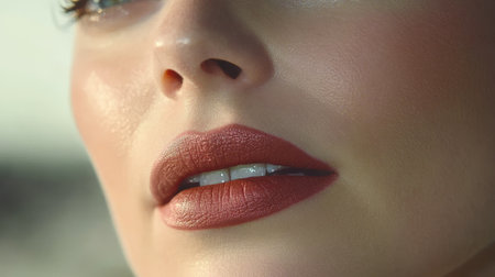 Closeup of a Young Caucasian Woman s Nude Lips and Flawless Skin, Natural Beauty Concept.の素材