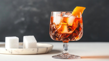 Classic Negroni Cocktail, Crystal Glass With Ice, Orange Peel, and Sugar Cubes, On Dark Backgroundの素材