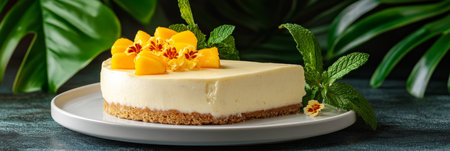 Slice of Mango Mousse Cake Garnished with Fresh Mango and Mint on White Plate, Tropical Backdropの素材