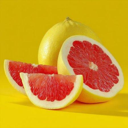 Freshly Sliced Pomelo Fruit, Vibrant Red Yellow Segments, Thick Skin, Isolated yellow backgroundの素材