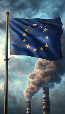 European Union Flag With Industrial Smokestacks Emitting Pollution, Concept For CO2 Emission Policyの素材